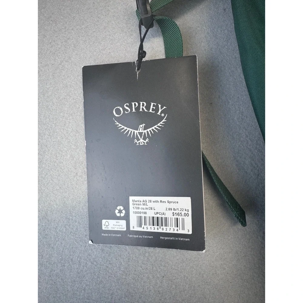 Osprey Manta AG 28 Hiking Backpack Spruce Green M/L Hydration Compatible NWT